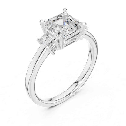 1.5 Carat Asscher Cut Lab Grown Diamond Three Stone Engagement Ring