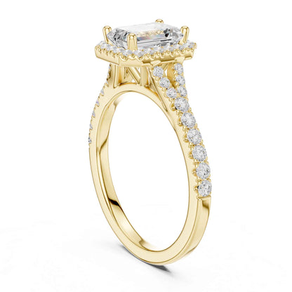 1 Carat Emerald Cut Diamond Halo Engagement Ring with Pavé Band