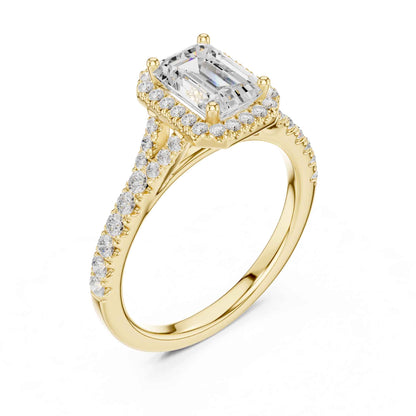 1 Carat Emerald Cut Diamond Halo Engagement Ring with Pavé Band