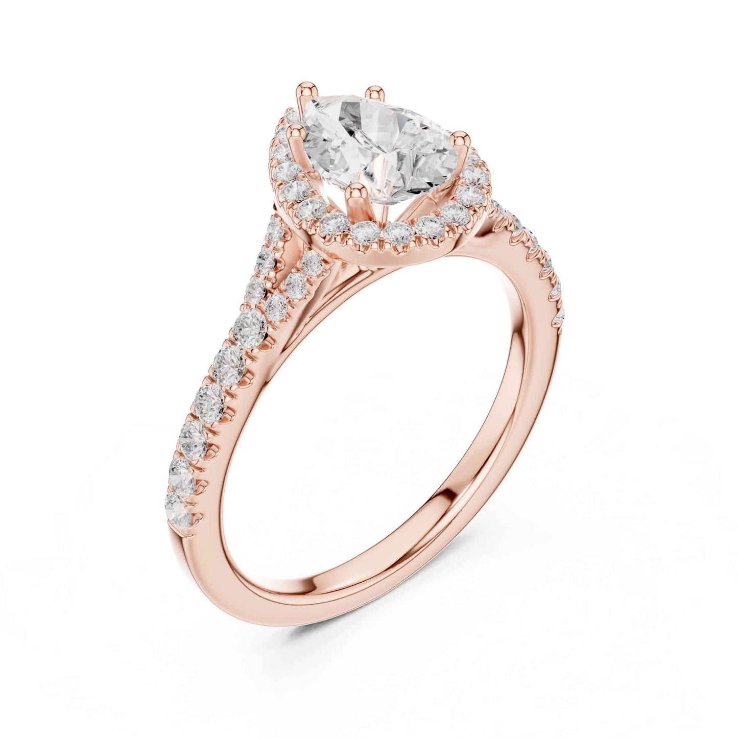 1 Carat Pear Diamond Engagement Ring with Cushion Halo and Diamond-Set Band