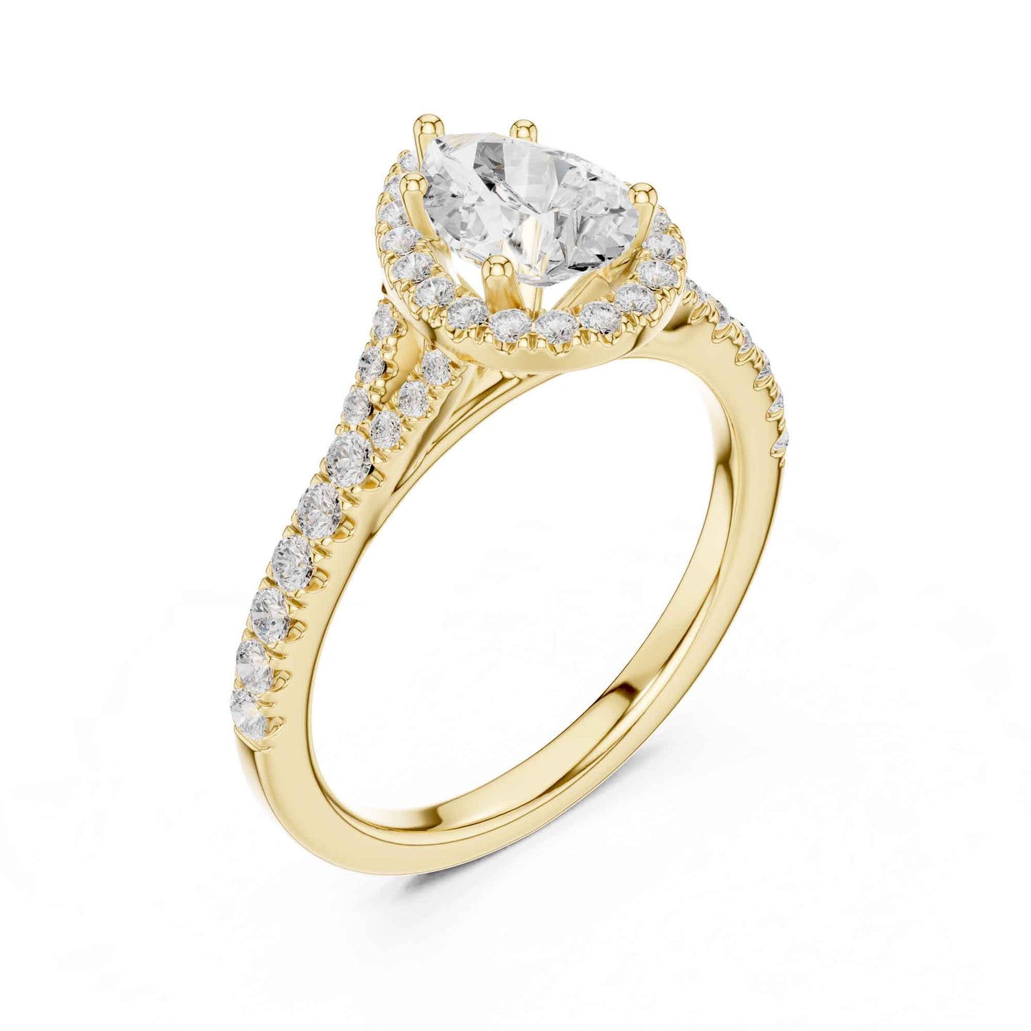 1 Carat Pear Diamond Engagement Ring with Cushion Halo and Diamond-Set Band