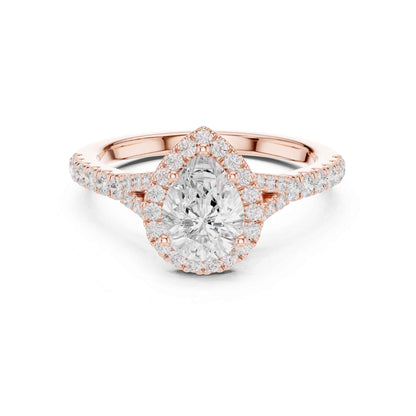 1 Carat Pear Diamond Engagement Ring with Cushion Halo and Diamond-Set Band