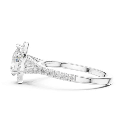 1 Carat Pear Diamond Engagement Ring with Cushion Halo and Diamond-Set Band
