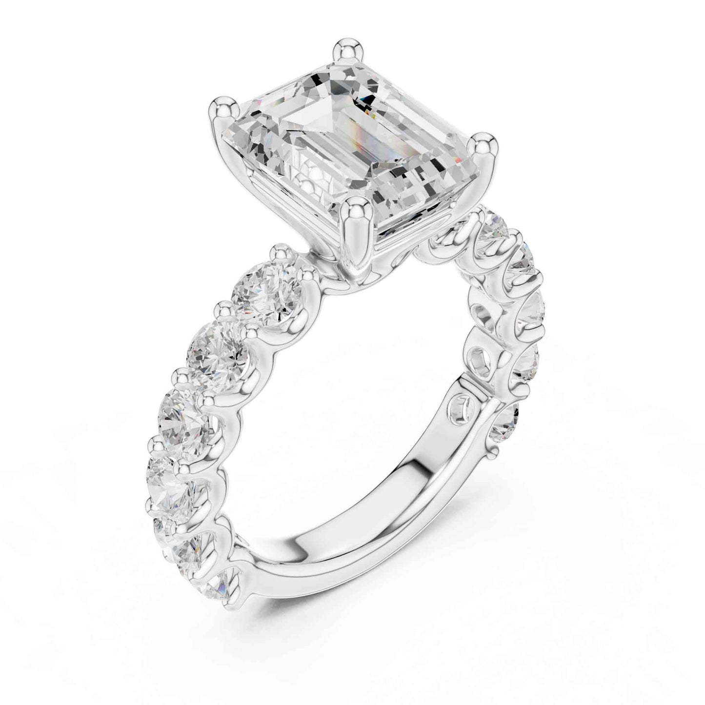 4 Carat Emerald Cut Solitaire Lab Grown Diamond Ring with Pavé Shank
