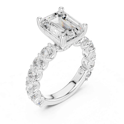 4 Carat Emerald Cut Solitaire Lab Grown Diamond Ring with Pavé Shank