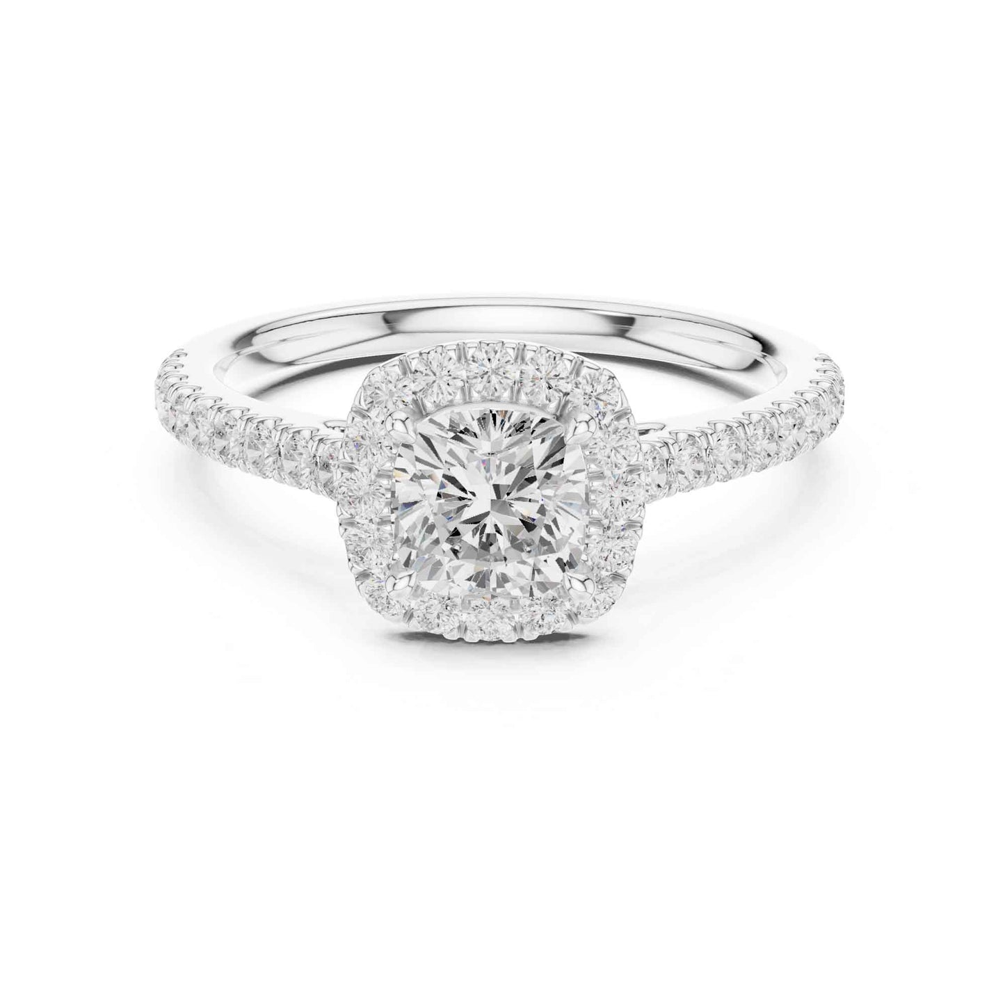 1 Carat Cushion Cut center stone with a halo and pavé band
