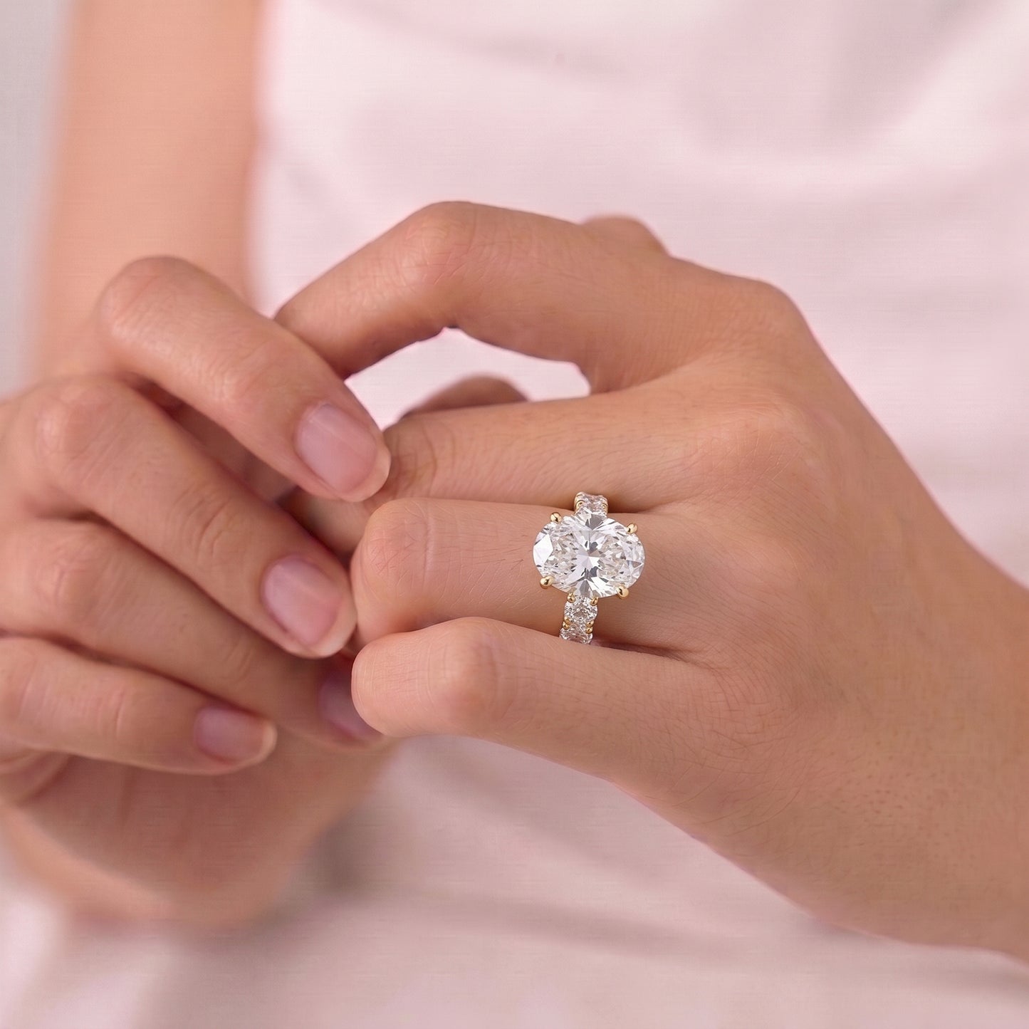 4 Carat Oval Cut Moissanite Diamond Engagement Ring with Pavé Band