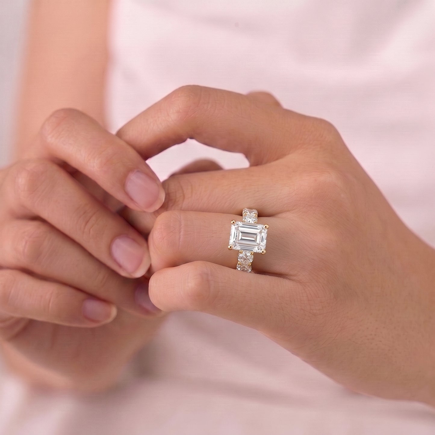 4 Carat Emerald Cut Solitaire Moissanite Diamond Ring with Pavé Shank