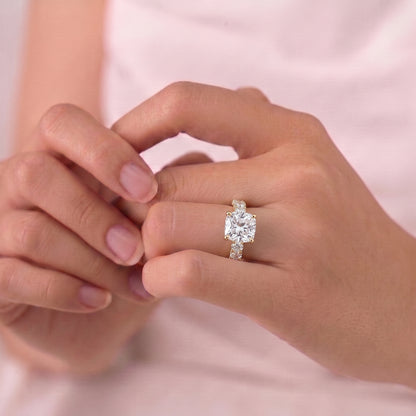 4 Carat Cushion Cut Moissanite Diamond Engagement Ring in Classic Pavé Style