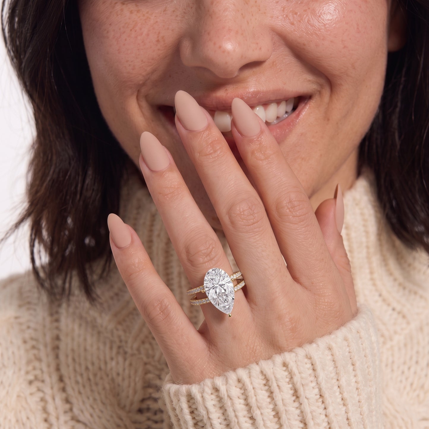 3 Carat Pear Cut Moissanite Diamond Engagement Ring with Pavé Band
