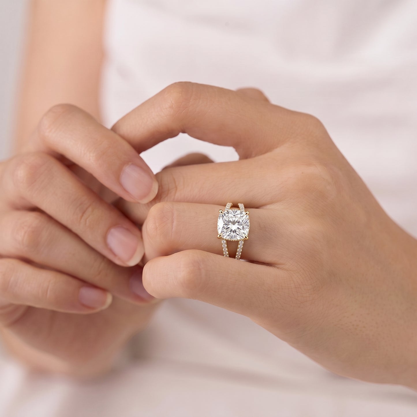 3 Carat Cushion Cut Moissanite Diamond With Halo and Pavé Band