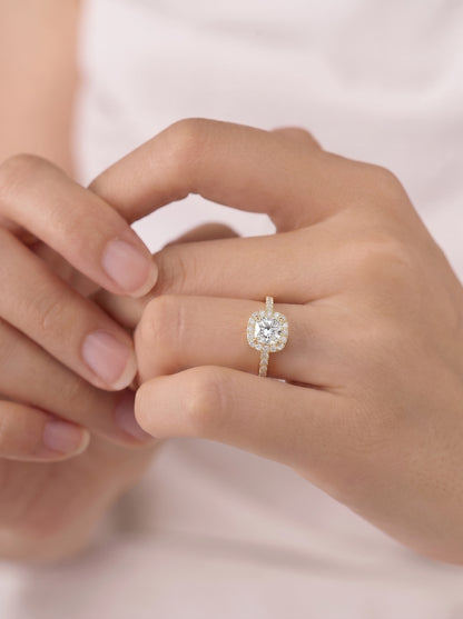 1 Carat Cushion Cut Moissanite Diamond With Halo and Pavé Band