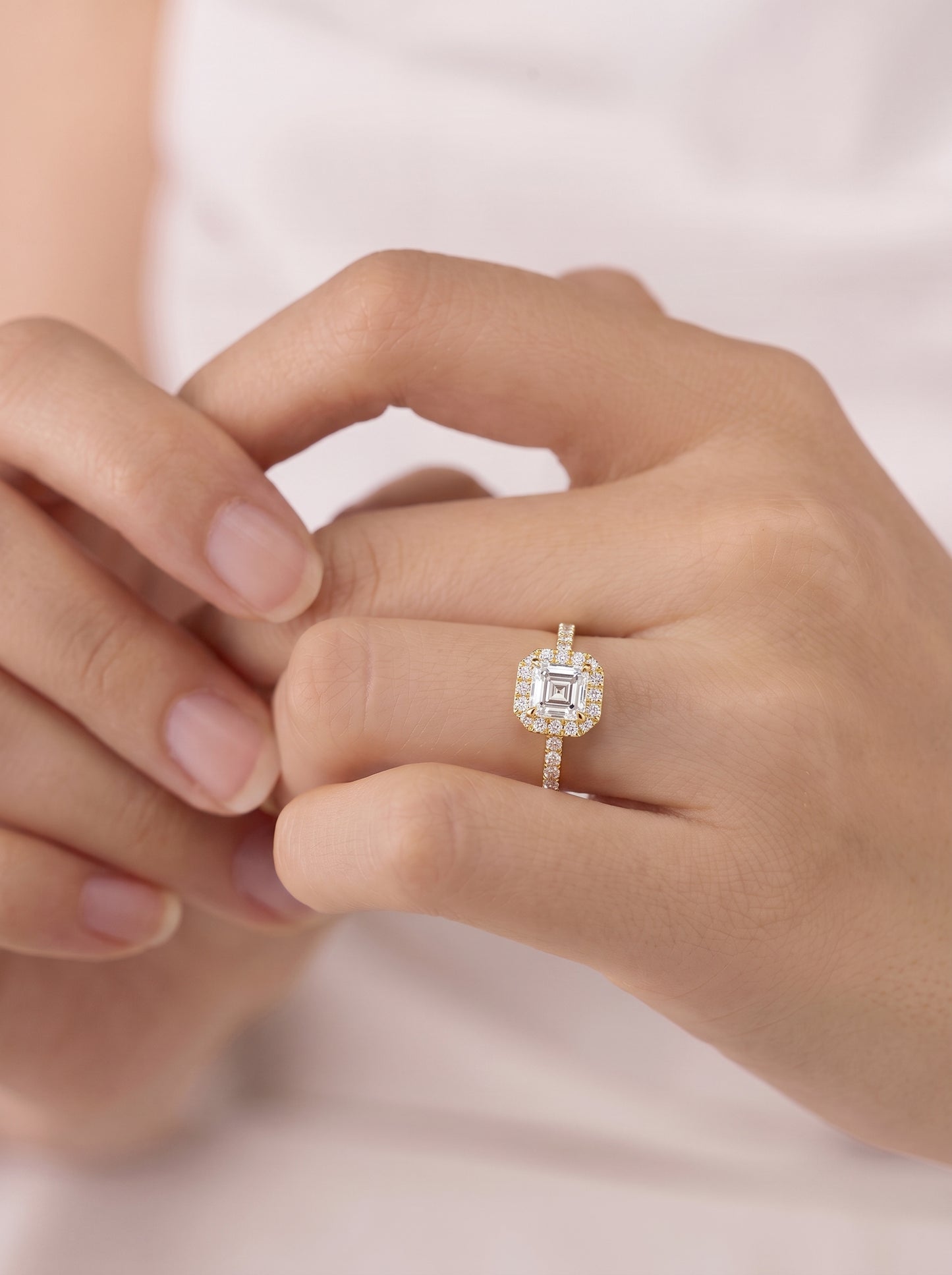 1 Carat Asscher Cut Moissanite Diamond Halo Engagement Ring
