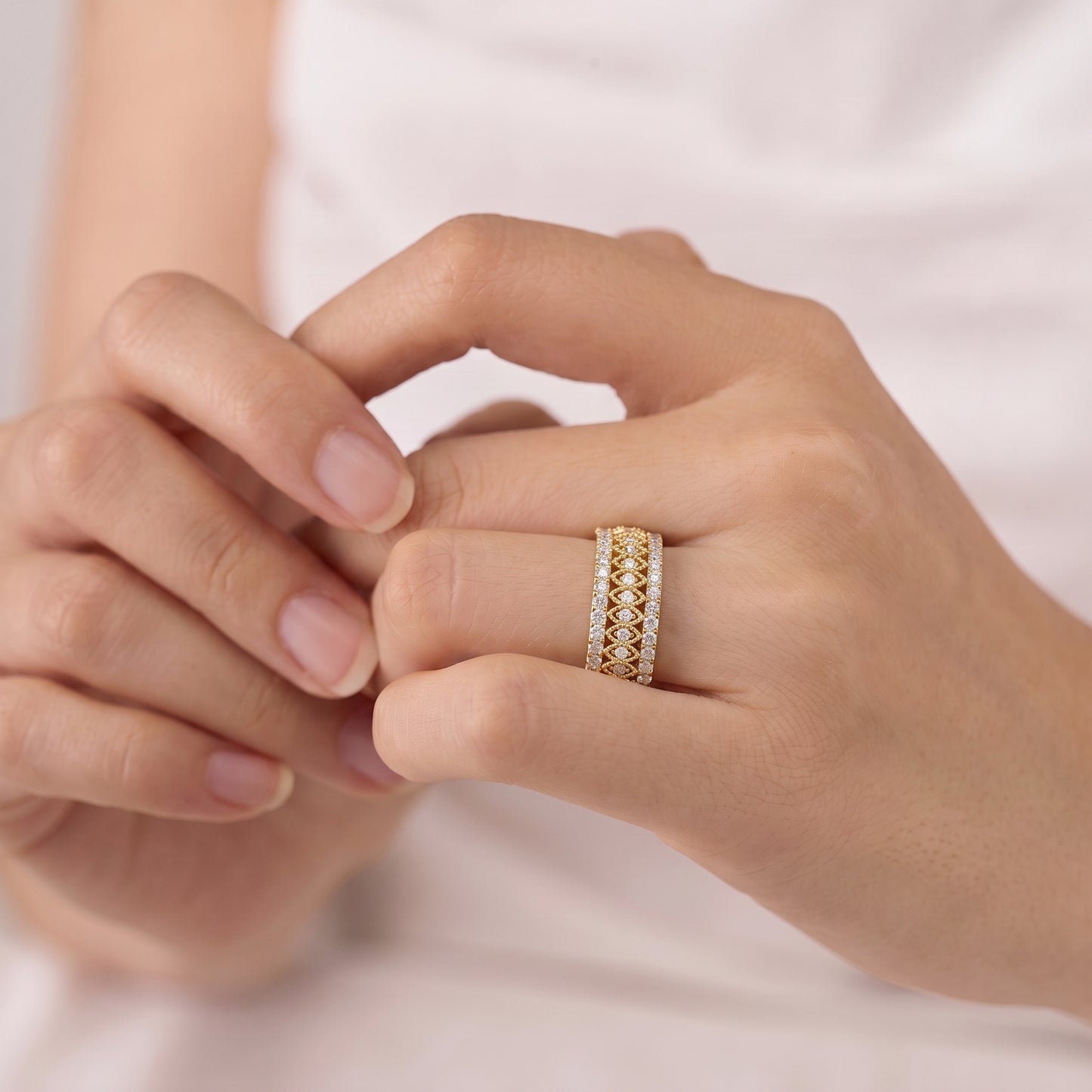 Wide Moissanite Diamond Eternity Band with Marquise Motif
