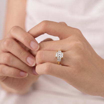 3 Carat Radiant Cut Moissanite Diamond Three Stone Engagement Ring with Trapezoid Side Stones