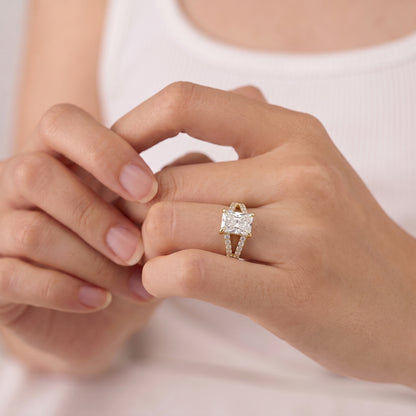 1 Carat Classic Radiant Cut Moissanite Diamond Statement Ring with Accented Band