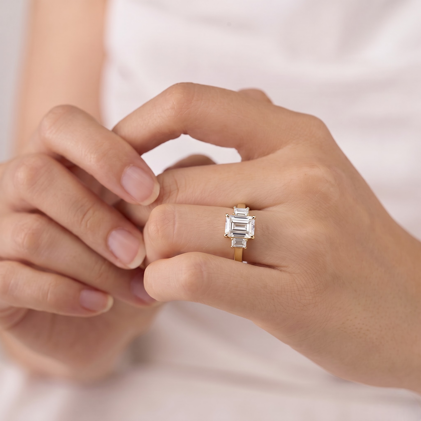 1.5 Carat Emerald Cut Moissanite Diamond Three Stone Engagement Ring