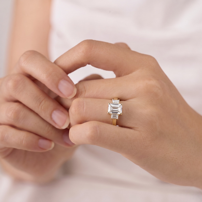 1.5 Carat Emerald Cut Moissanite Diamond Three Stone Engagement Ring