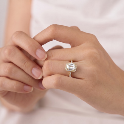 1 Carat Emerald Cut Moissanite Diamond Halo Engagement Ring with Pavé Band