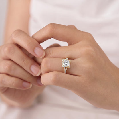 1 Carat Princess Cut Moissanite Diamond Engagement Ring with Cushion Halo and Diamond-Set Band