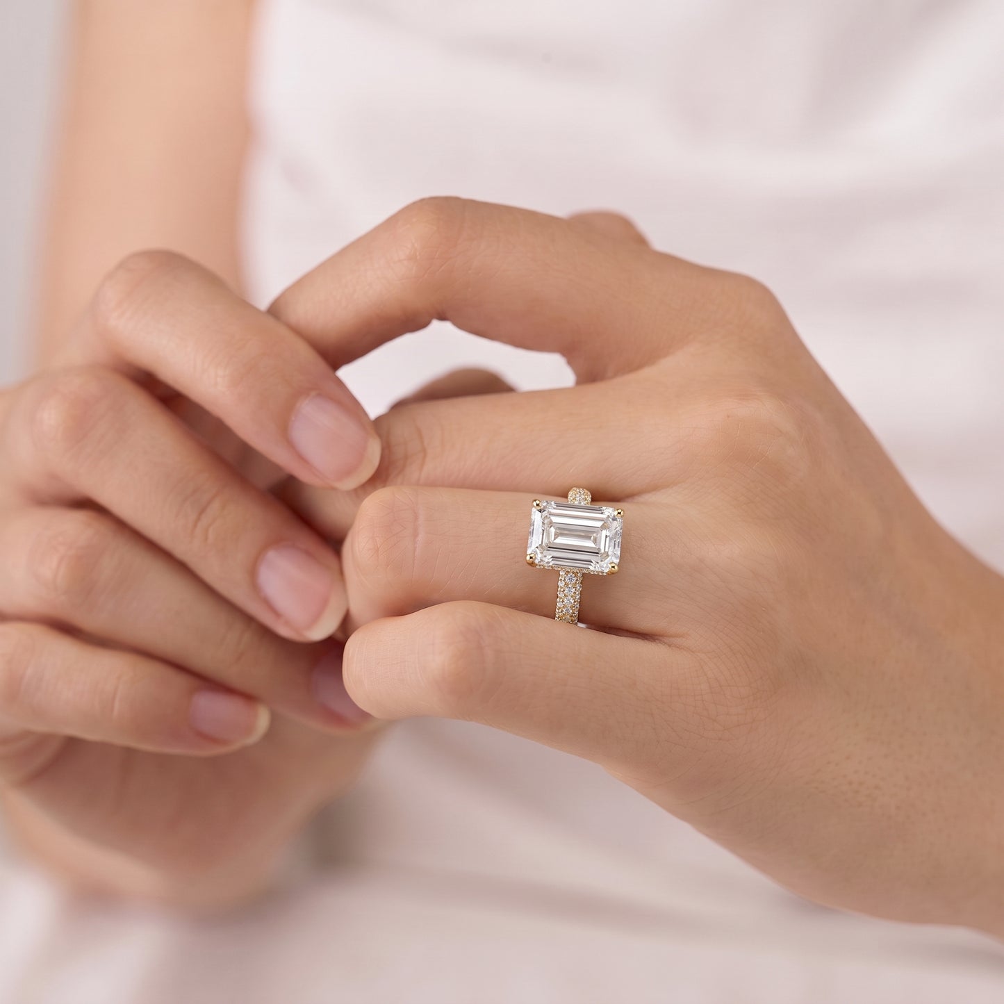5 Carat Emerald Cut Moissanite Diamond Engagement Ring with Pavé Band