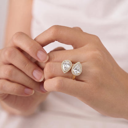 4 Carat Double Pear Halo Open-Style Moissanite Diamond Ring