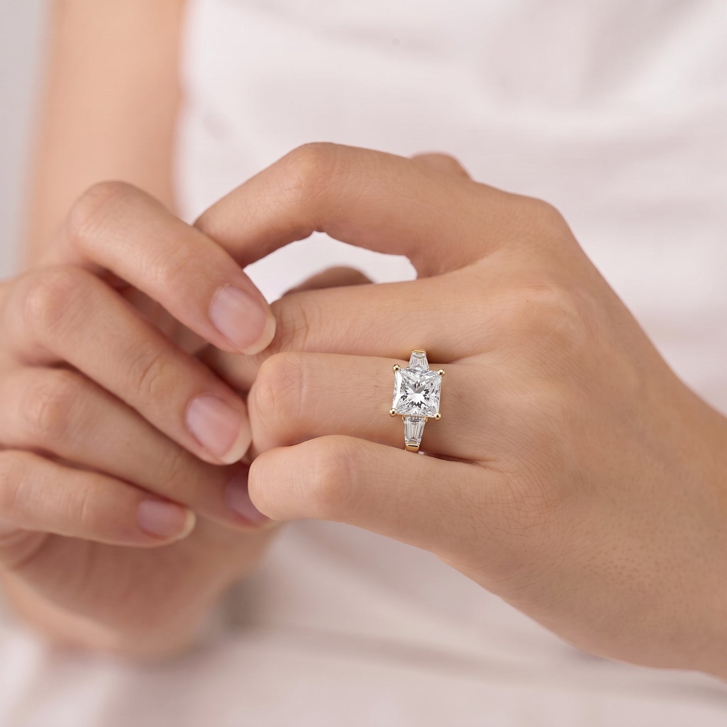 4 Carat Princess Cut Center Moissanite Diamond with Tapered Side Stones