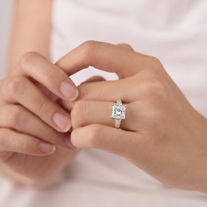 4 Carat Princess Cut Center Moissanite Diamond with Tapered Side Stones