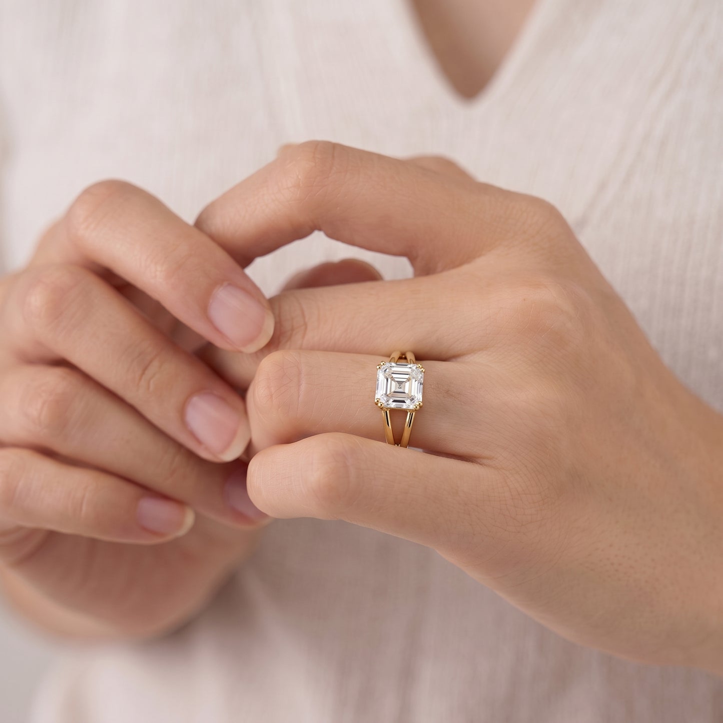 2 Carat Asscher Cut Moissanite Diamond Split Shank Ring