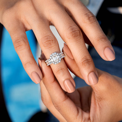 1 Carat Center Emerald, Baguette Cut Moissanite Diamond Engagement Ring