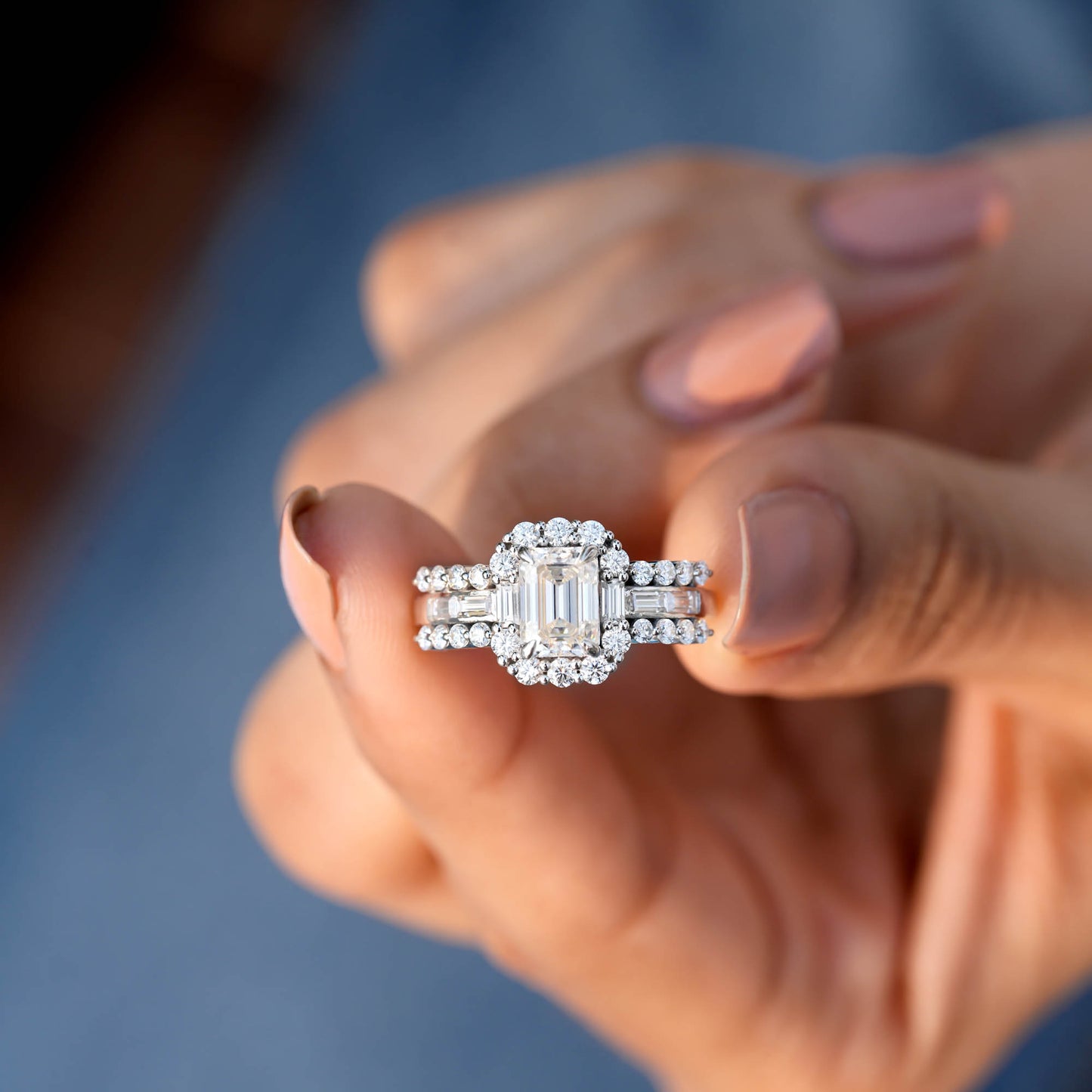 1 Carat Center Emerald, Baguette Cut Moissanite Diamond Engagement Ring