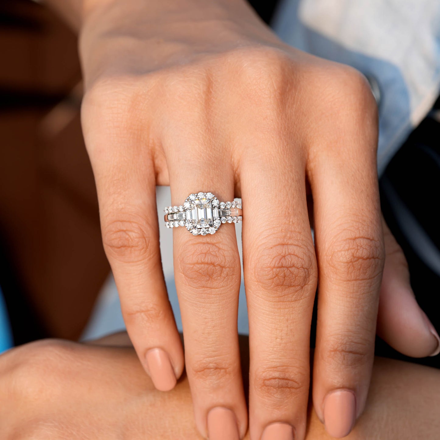 1 Carat Center Emerald, Baguette Cut Moissanite Diamond Engagement Ring