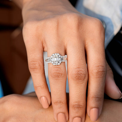 1 Carat Center Emerald, Baguette Cut Moissanite Diamond Engagement Ring