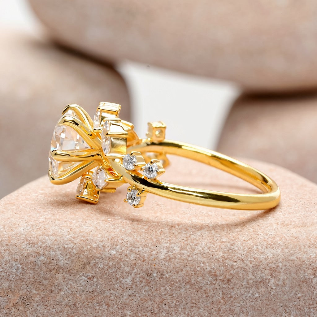 1.5 Carat Center Round, Marquise Cut Moissanite Diamond Engagement Ring