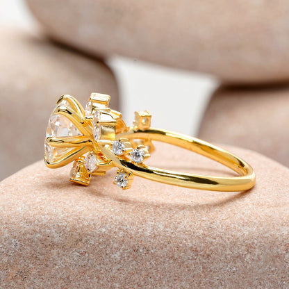 1.5 Carat Center Round, Marquise Cut Moissanite Diamond Engagement Ring