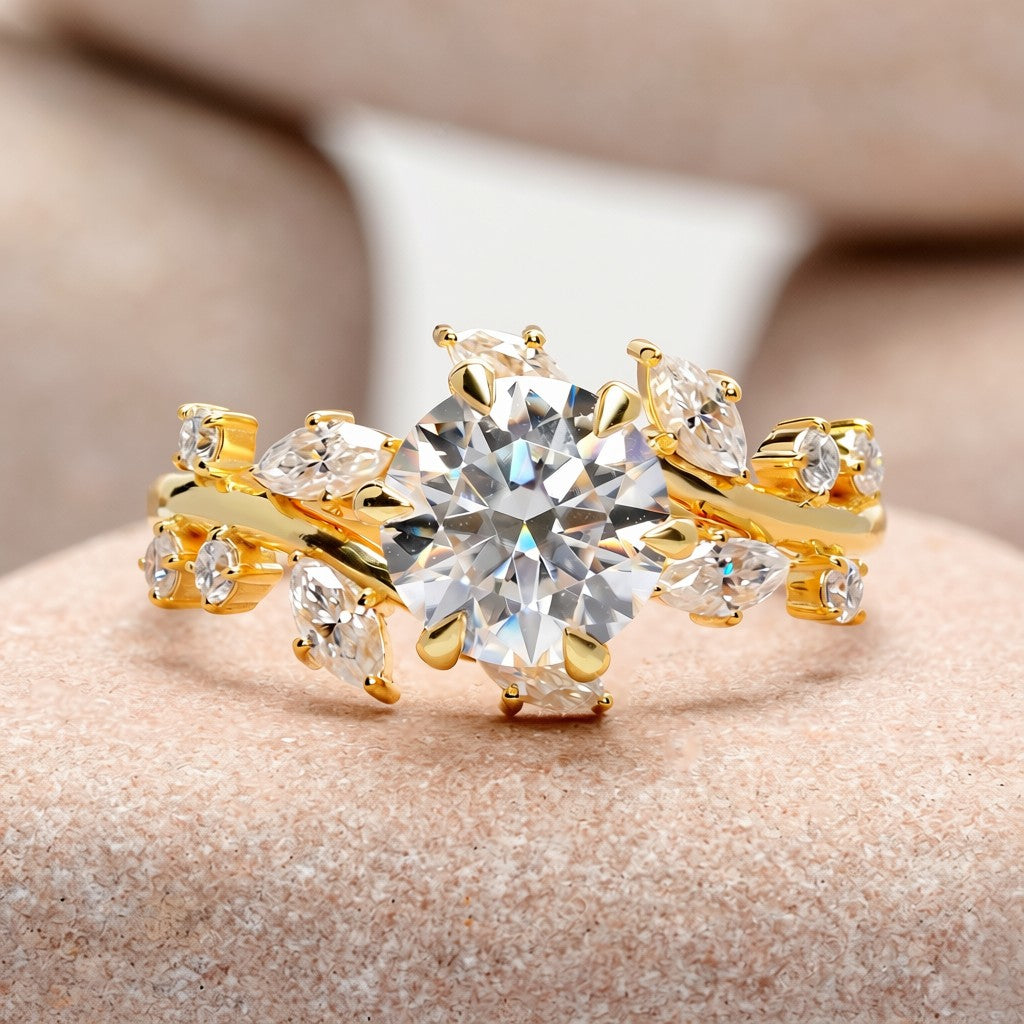 1.5 Carat Center Round, Marquise Cut Moissanite Diamond Engagement Ring