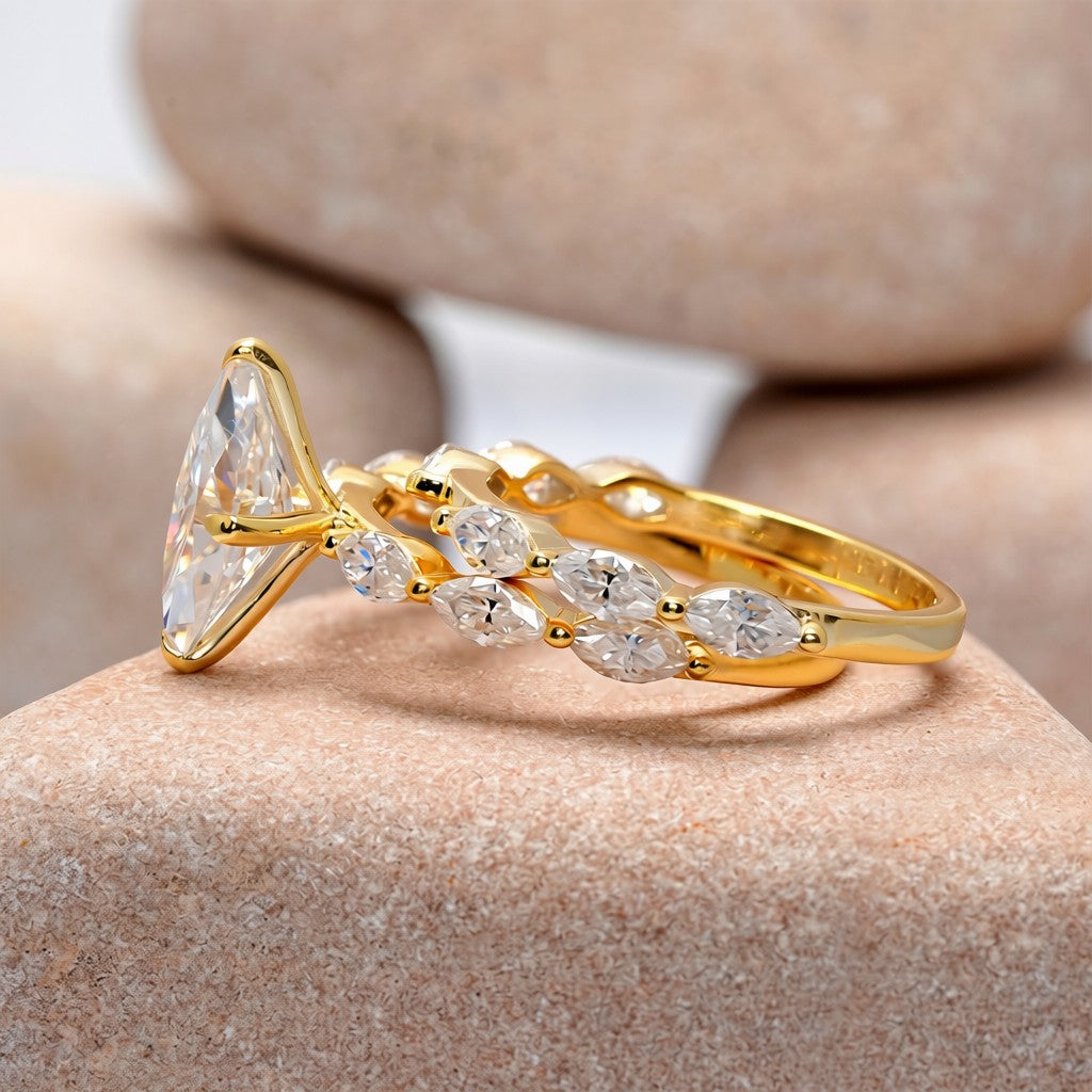 1.5 Carat Center Marquise Cut Moissanite Diamond Ring with Double Band