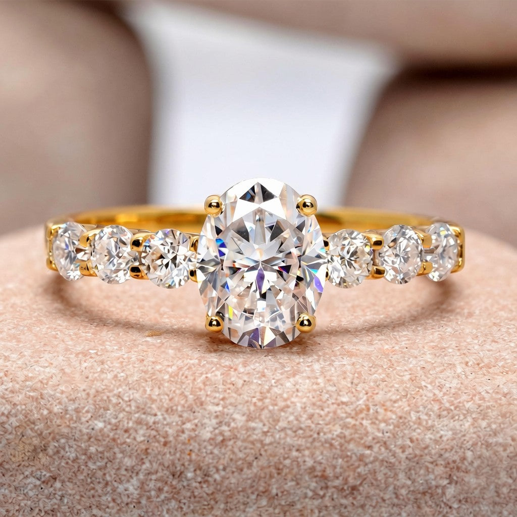 1.5 Carat Center Oval, Round Cut Moissanite Diamond Engagement Ring
