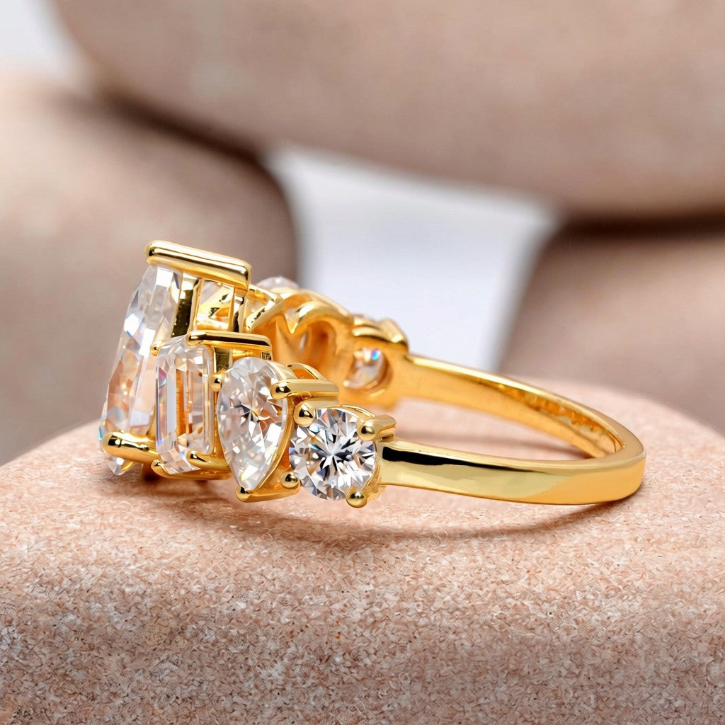 4.5 Carat Pear, Round, Emerald Cut Moissanite Diamond Engagement Ring