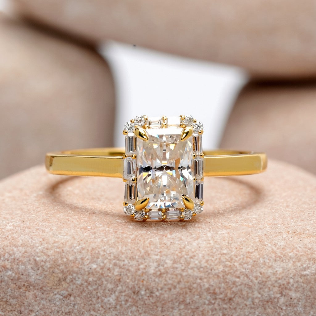 1 Carat Center Radiant, Baguette Cut Moissanite Diamond Engagement Ring