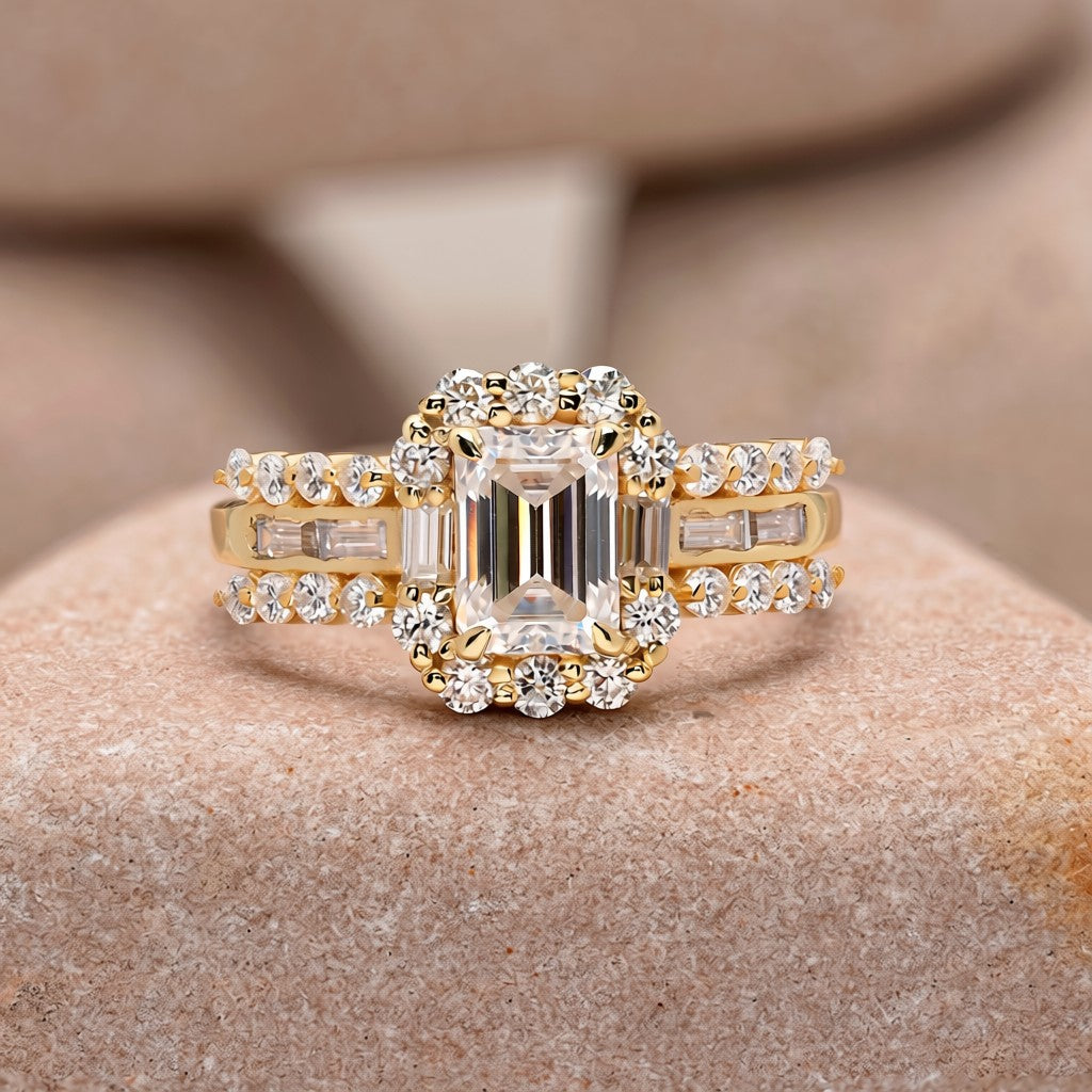 1 Carat Center Emerald, Baguette Cut Moissanite Diamond Engagement Ring