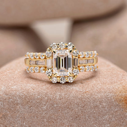 1 Carat Center Emerald, Baguette Cut Moissanite Diamond Engagement Ring