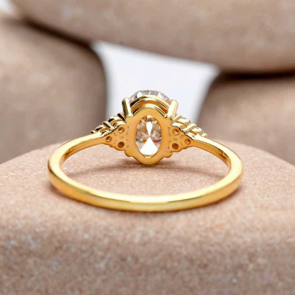 1 Carat Center Oval Cut Moissanite Diamond Gold Ring with Side Stones