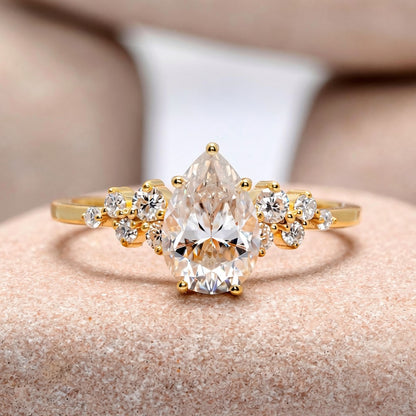 1.5 Carat Center Pear, Round Cut Moissanite Diamond Engagement Ring