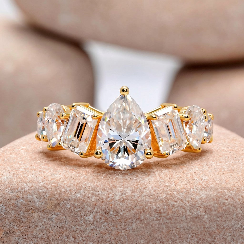 4.5 Carat Pear, Round, Emerald Cut Moissanite Diamond Engagement Ring