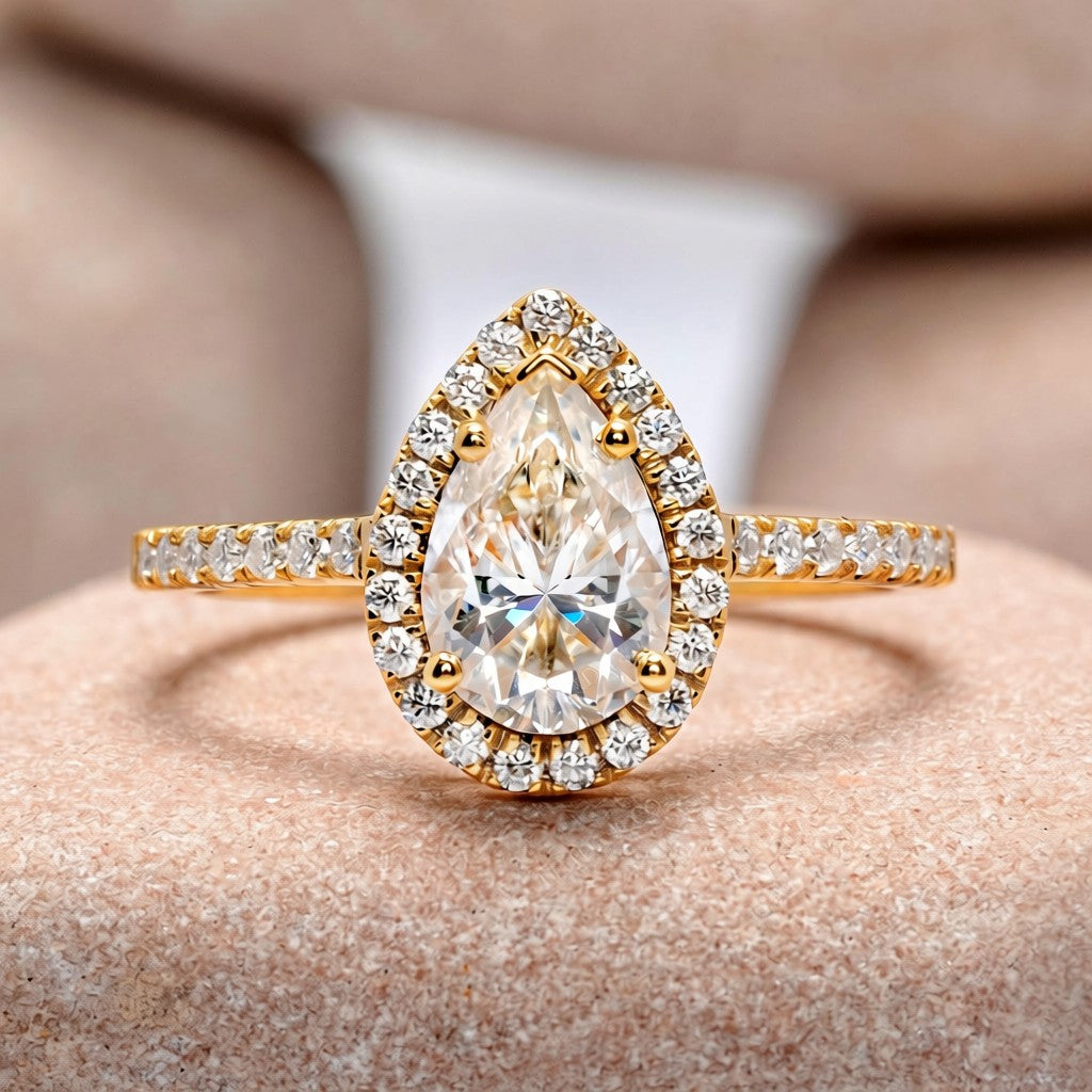 1.5 Carat Center Pear, Round Cut Moissanite Diamond Engagement Ring