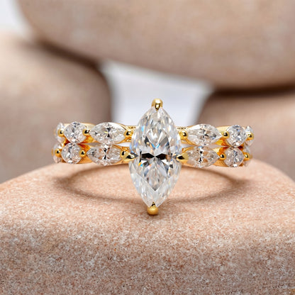 1.5 Carat Center Marquise Cut Moissanite Diamond Ring with Double Band