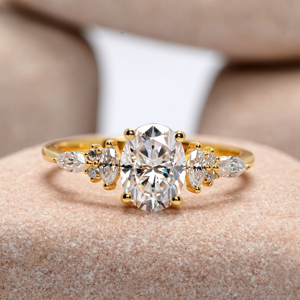 1.5 Carat Center Oval, Marquise Cut Moissanite Diamond Engagement Ring