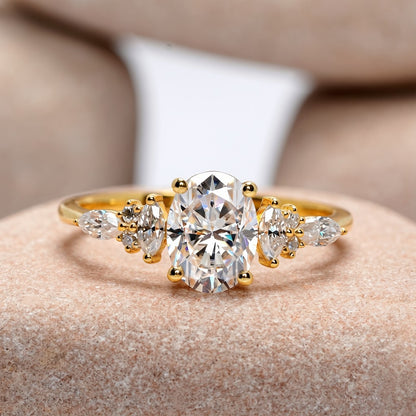 1.5 Carat Center Oval, Marquise Cut Moissanite Diamond Engagement Ring