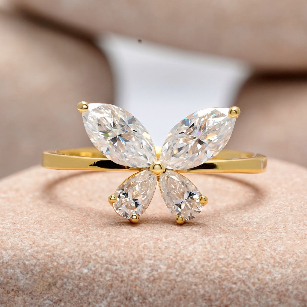 1.10 Carat Pear, Marquise Cut Moissanite Diamond Butterfly Ring